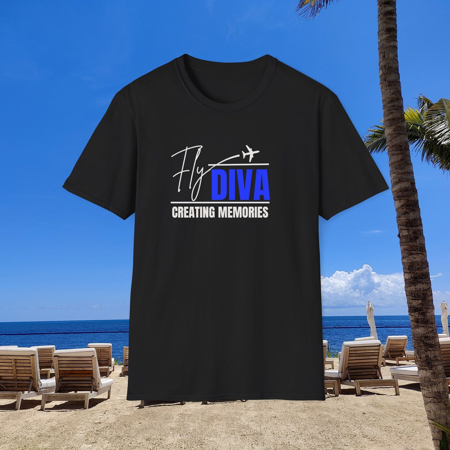 Fly DIVA Unisex Black T-Shirt (BLUE), Travel T-Shirt, Adventure Apparel, Gift for Travelers, Summer Style, Creating Memories Shirt