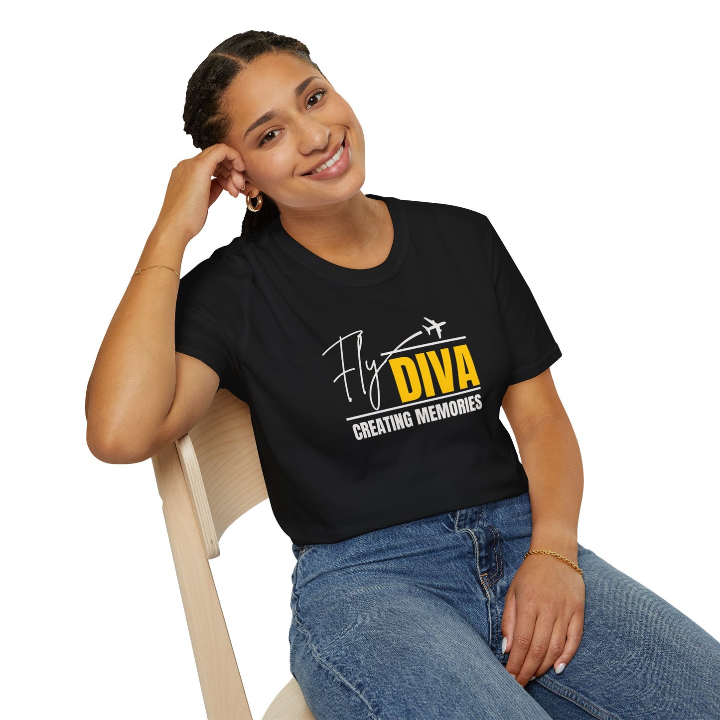 Fly DIVA Unisex Black T-Shirt (YELLOW), Travel T-Shirt, Adventure Apparel, Gift for Travelers, Summer Style, Creating Memories Shirt