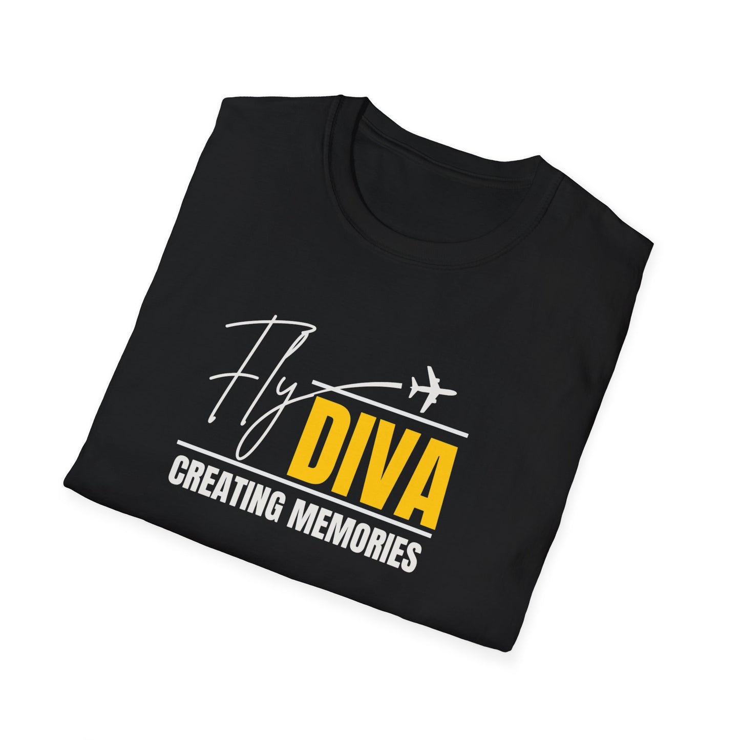 Fly DIVA Unisex Black T-Shirt (YELLOW), Travel T-Shirt, Adventure Apparel, Gift for Travelers, Summer Style, Creating Memories Shirt