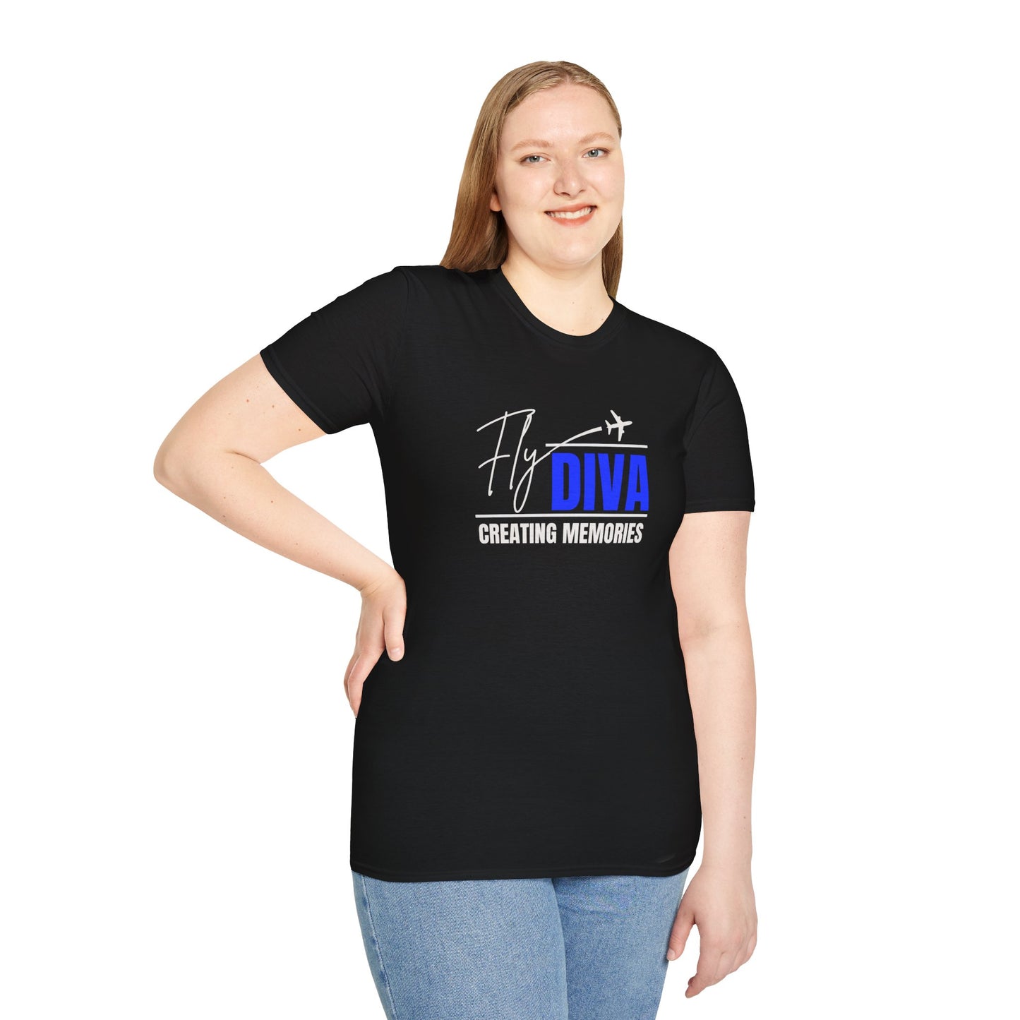 Fly DIVA Unisex Black T-Shirt (BLUE), Travel T-Shirt, Adventure Apparel, Gift for Travelers, Summer Style, Creating Memories Shirt