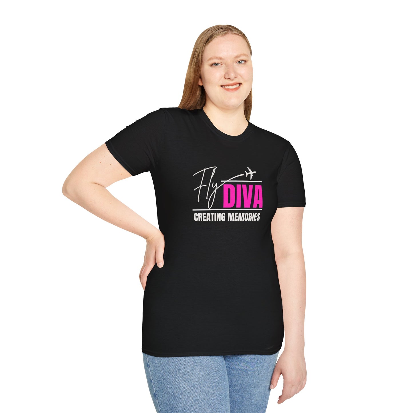 Fly DIVA Unisex Black T-Shirt (PINK), Travel T-Shirt, Adventure Apparel, Gift for Travelers, Summer Style, Creating Memories Shirt