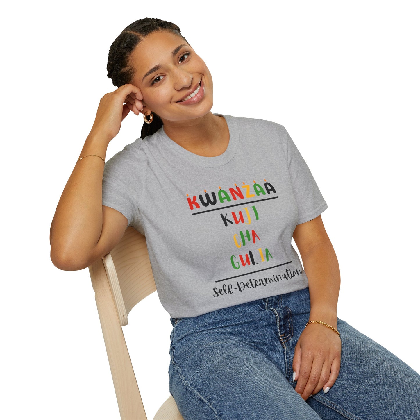 Kujichagulia, Kwanzaa T-Shirt, Unisex Softstyle Tee for Holidays, Cultural Celebration Apparel, Family Gatherings, Gift for Kwanzaa