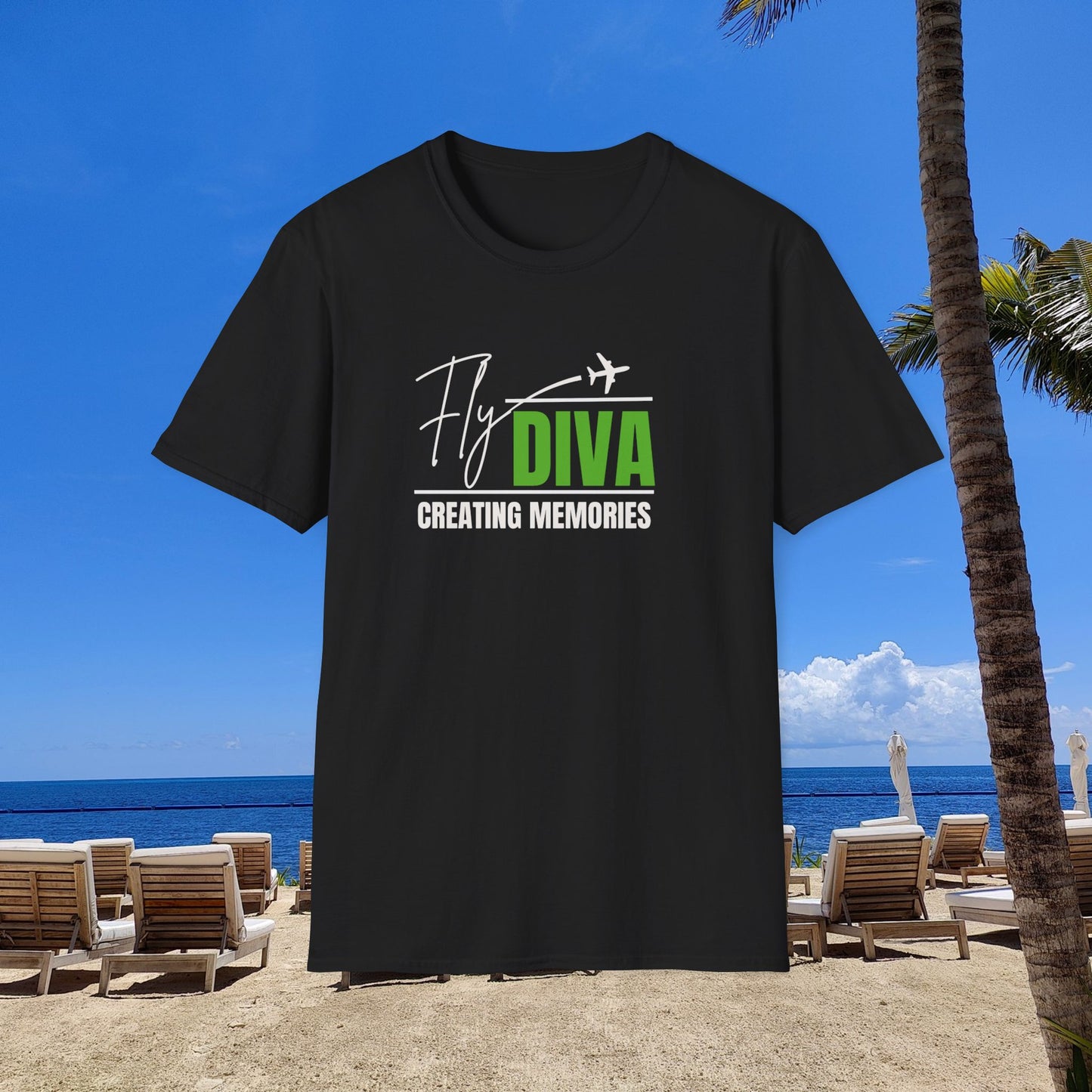 Fly DIVA Unisex Black T-Shirt (GREEN), Travel T-Shirt, Adventure Apparel, Gift for Travelers, Summer Style, Creating Memories Shirt