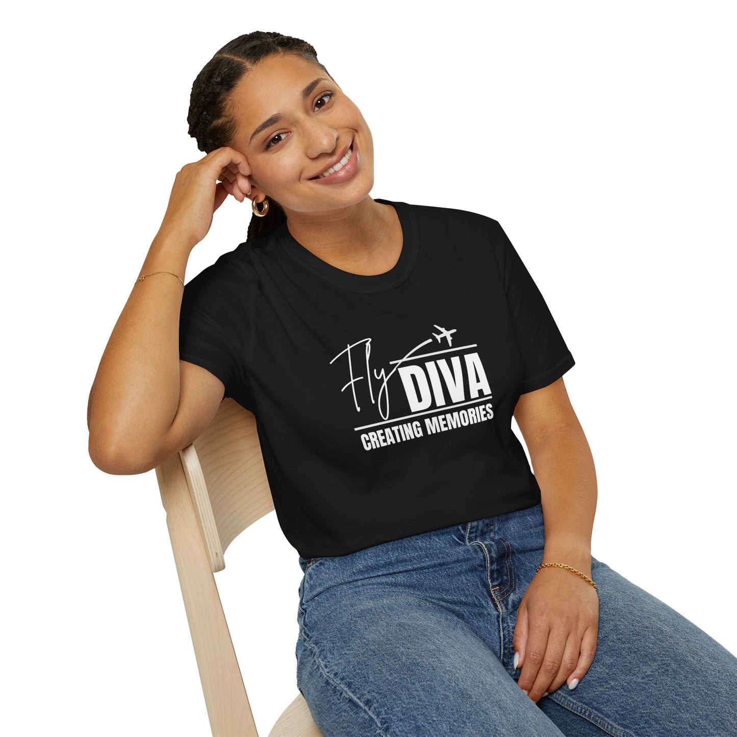 Fly DIVA Unisex Black T-Shirt (WHITE), Travel T-Shirt, Adventure Apparel, Gift for Travelers, Summer Style, Creating Memories Shirt