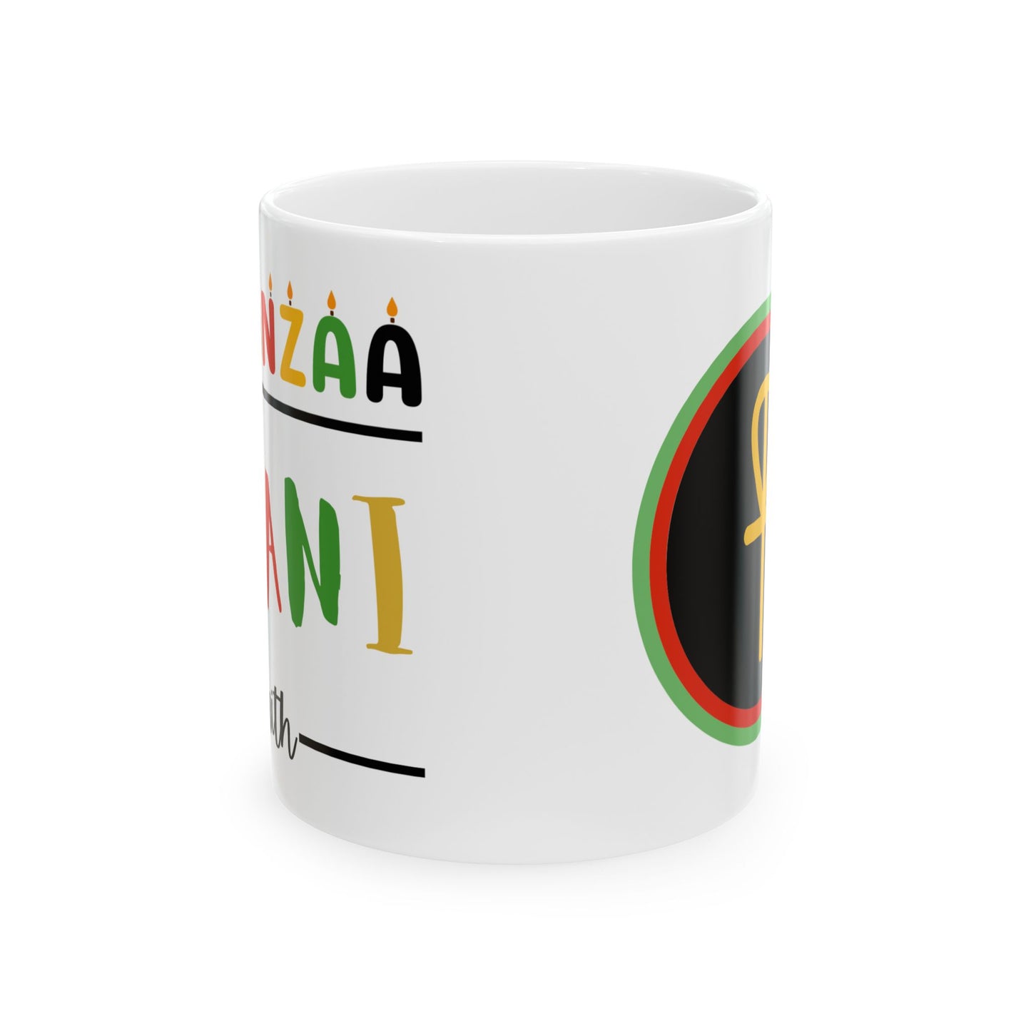 Imani, Kwanzaa Celebration Mug, Festive Ceramic Cup, Holiday Drinkware, Unique Gift, 11oz