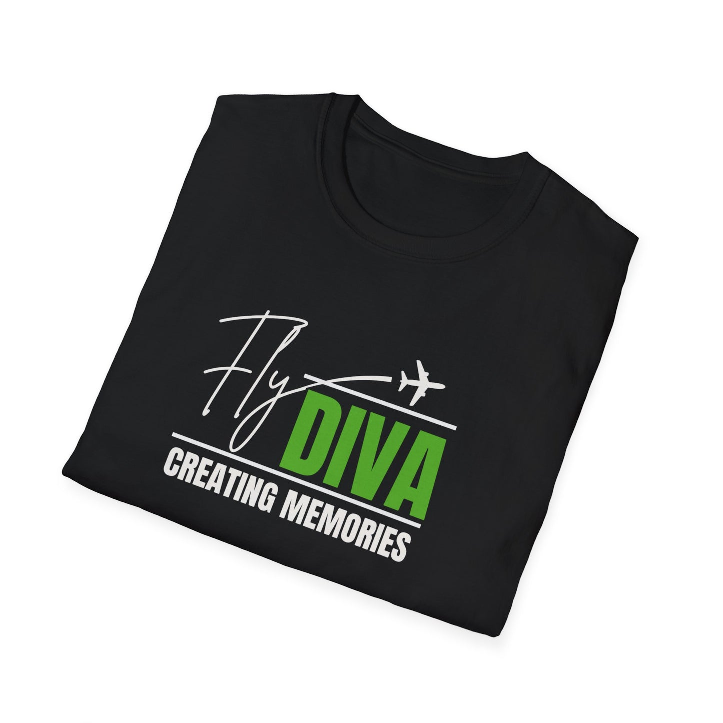 Fly DIVA Unisex Black T-Shirt (GREEN), Travel T-Shirt, Adventure Apparel, Gift for Travelers, Summer Style, Creating Memories Shirt