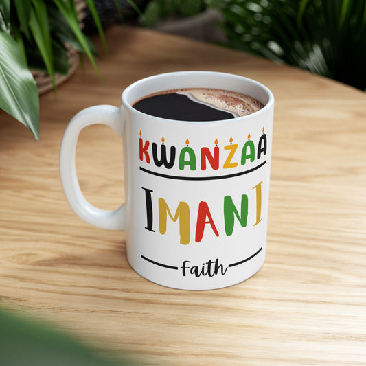 Imani, Kwanzaa Celebration Mug, Festive Ceramic Cup, Holiday Drinkware, Unique Gift, 11oz