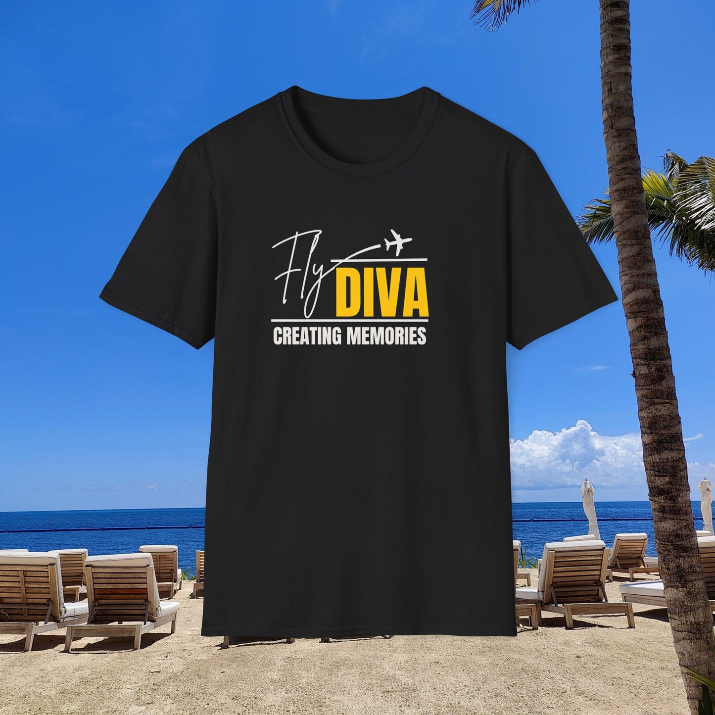 Fly DIVA Unisex Black T-Shirt (YELLOW), Travel T-Shirt, Adventure Apparel, Gift for Travelers, Summer Style, Creating Memories Shirt