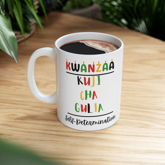 Kujichagulia, Kwanzaa Celebration Mug, Festive Ceramic Cup, Holiday Drinkware, Unique Gift, 11oz