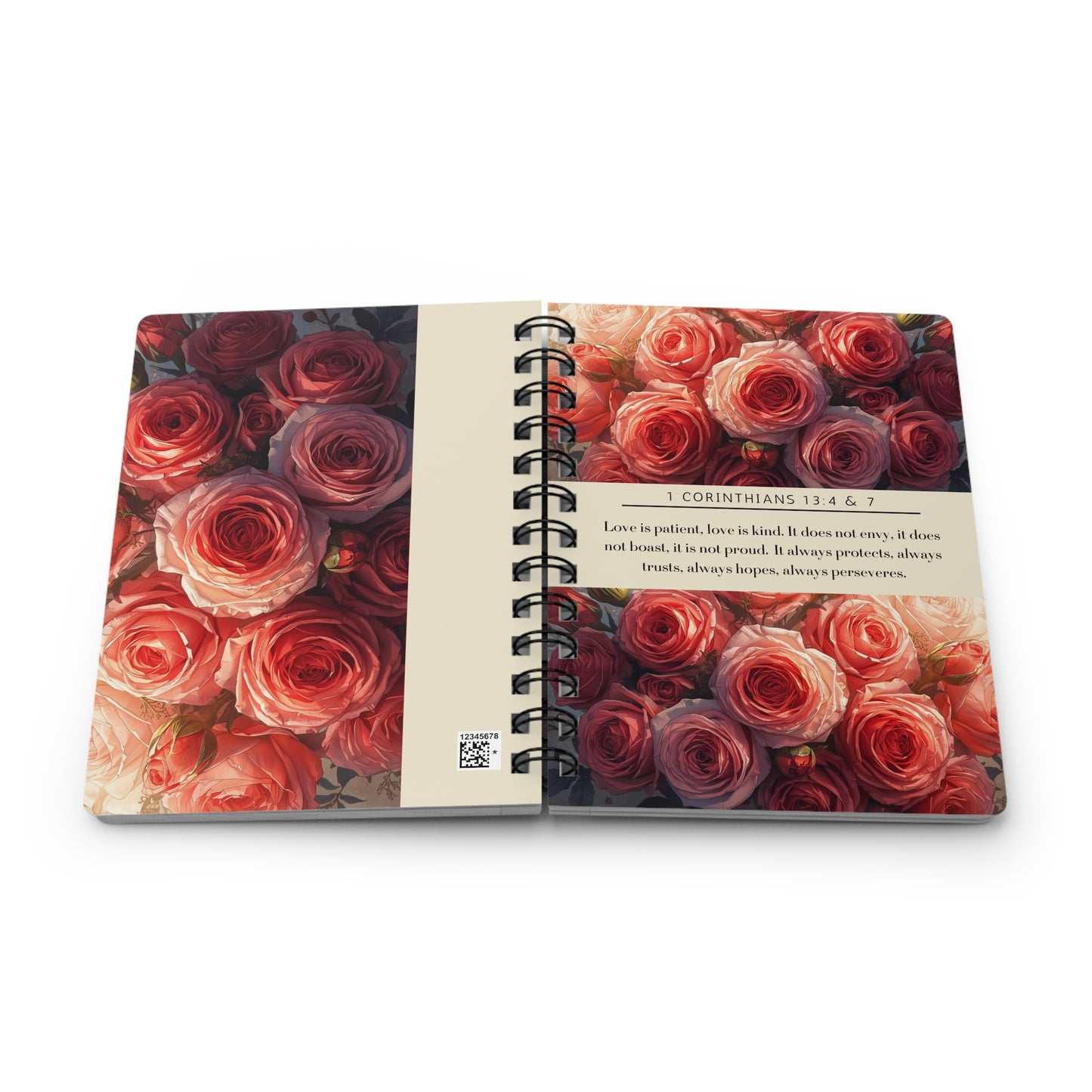 Roses, Floral Spiral Bound Journal | Inspirational Notebook for Writing, Daily Reflections, Self-Care, Gifts, 1 Corinthians 13:4 & 7