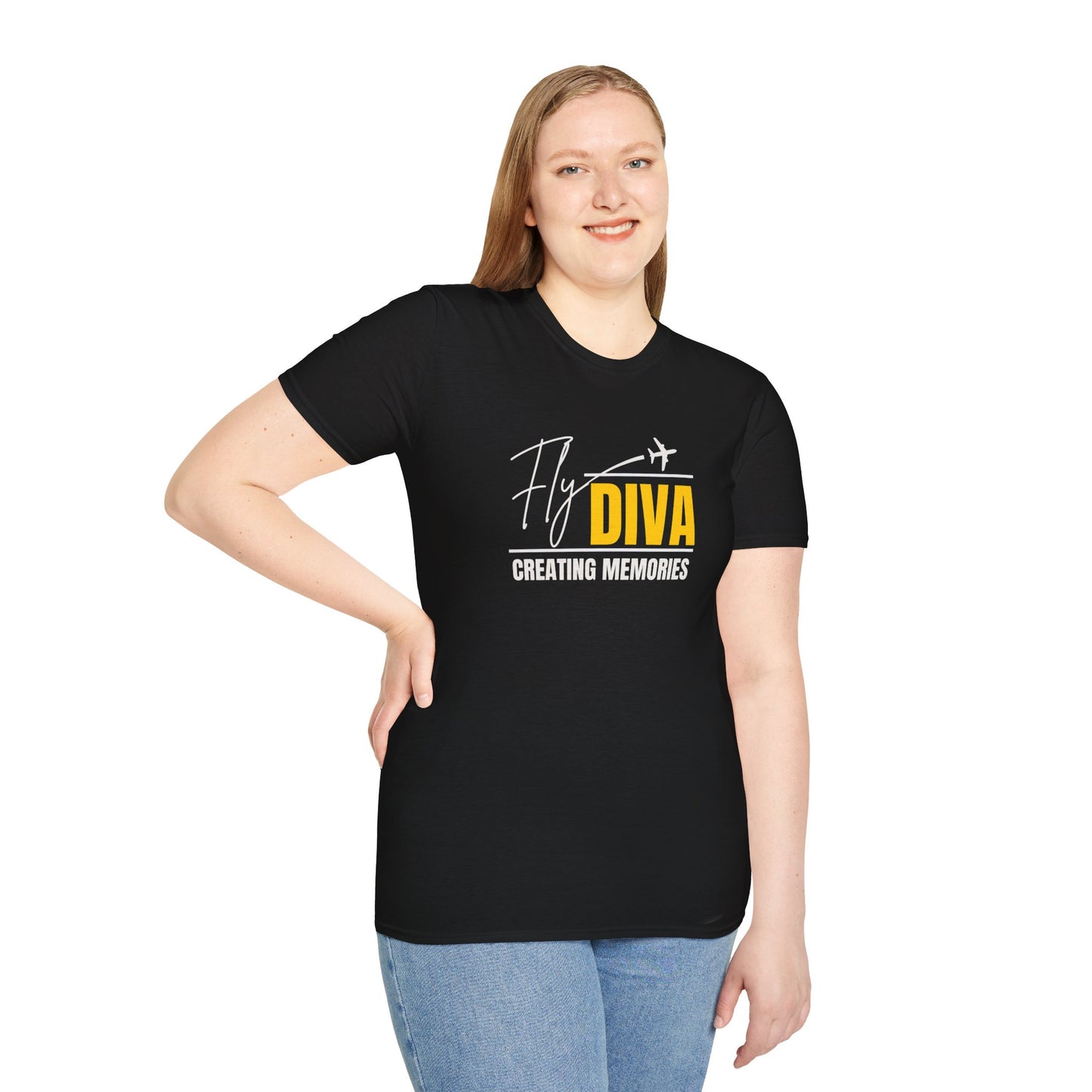 Fly DIVA Unisex Black T-Shirt (YELLOW), Travel T-Shirt, Adventure Apparel, Gift for Travelers, Summer Style, Creating Memories Shirt
