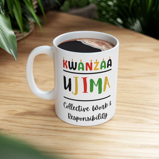 Ujima, Kwanzaa Celebration Mug, Festive Ceramic Cup, Holiday Drinkware, Unique Gift, 11oz