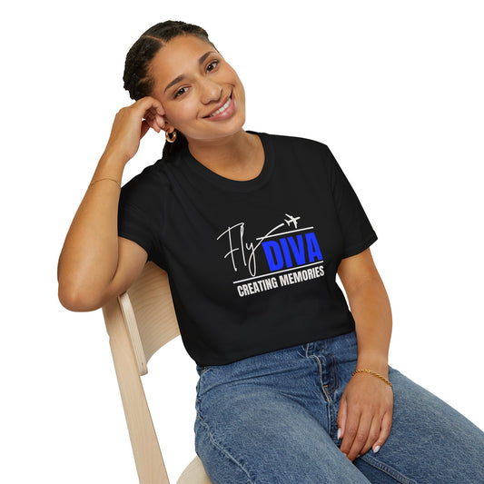 Fly DIVA Unisex Black T-Shirt (BLUE), Travel T-Shirt, Adventure Apparel, Gift for Travelers, Summer Style, Creating Memories Shirt