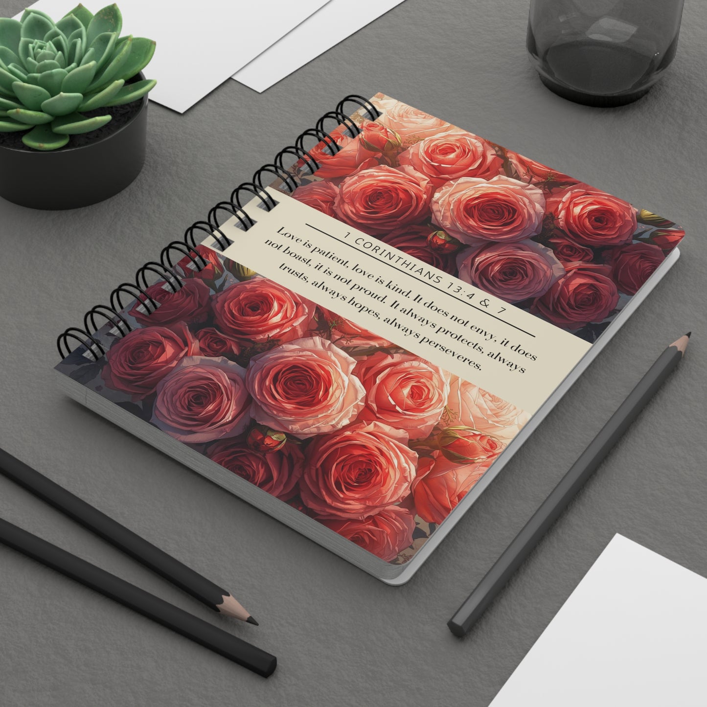 Roses, Floral Spiral Bound Journal | Inspirational Notebook for Writing, Daily Reflections, Self-Care, Gifts, 1 Corinthians 13:4 & 7