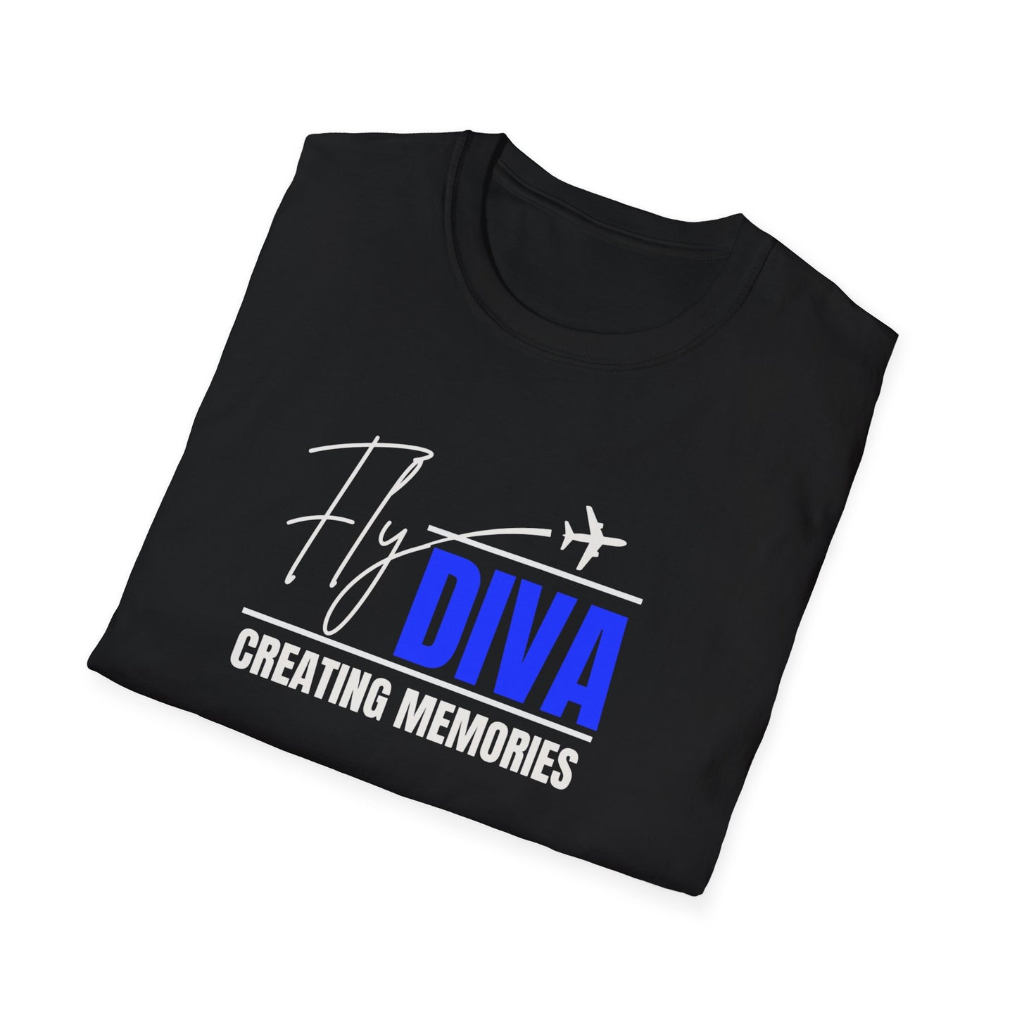 Fly DIVA Unisex Black T-Shirt (BLUE), Travel T-Shirt, Adventure Apparel, Gift for Travelers, Summer Style, Creating Memories Shirt
