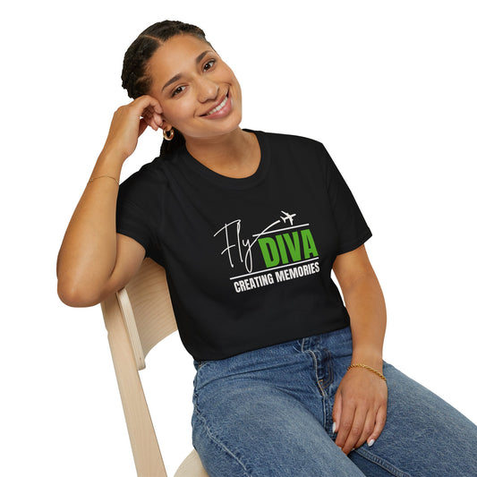 Fly DIVA Unisex Black T-Shirt (GREEN), Travel T-Shirt, Adventure Apparel, Gift for Travelers, Summer Style, Creating Memories Shirt