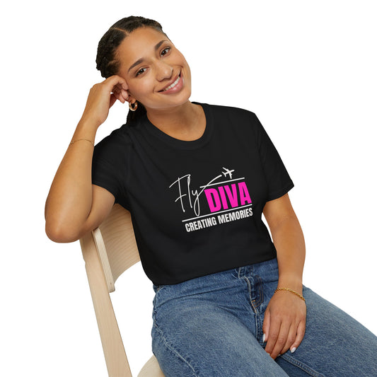 Fly DIVA Unisex Black T-Shirt (PINK), Travel T-Shirt, Adventure Apparel, Gift for Travelers, Summer Style, Creating Memories Shirt