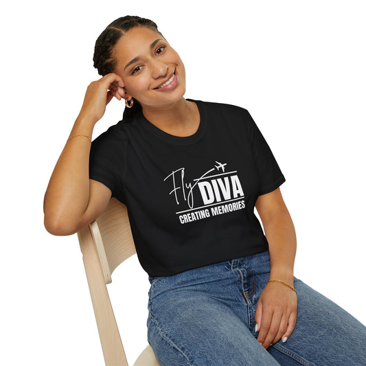 Fly DIVA Unisex Black T-Shirt (WHITE), Travel T-Shirt, Adventure Apparel, Gift for Travelers, Summer Style, Creating Memories Shirt